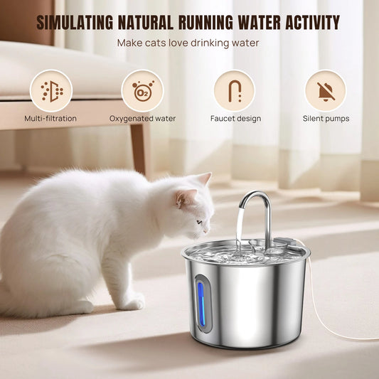 Cat Fountain Stainless Steel Drinking Fountain for Cat 2.2L Quiet Cat Center Drinking Fountain for Dogs with Water Level Window
